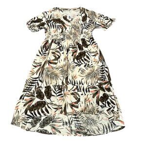 Old Navy Palm Leaf Smocked Empire Dress L Womens Long Hi Lo Hem Brown Multicolor